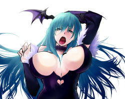 Rule 34 | 1girl, arm up, bad id, bad pixiv id, bat wings, bouncing breasts, breasts, capcom, cleavage, covered erect nipples, head wings, large breasts, morrigan aensland, negresco, open mouth, solo, tongue, vampire (game), wings