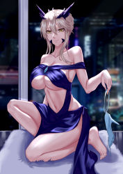 Rule 34 | 1girl, absurdres, alternate costume, arm behind back, artoria pendragon (fate), artoria pendragon (lancer alter) (fate), bare shoulders, barefoot, blonde hair, blue dress, breasts, cleavage, closed mouth, collarbone, dress, fate/grand order, fate (series), feet, freed turing, full body, hair between eyes, highres, holding, holding shoes, large breasts, long hair, looking at viewer, navel, shoes, simple background, sitting, smile, solo, toes, underboob, unworn shoes, yellow eyes