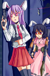 Rule 34 | 2girls, animal ears, black hair, black thighhighs, carrot, carrot hair ornament, carrot necklace, dress, dual wielding, female focus, food-themed hair ornament, glock, glowing, glowing eyes, gun, hair ornament, handgun, high-explosive anti-tank (warhead), highres, holding, holster, inaba tewi, jewelry, laser, long hair, man-portable anti-tank systems, multiple girls, necklace, necktie, pendant, pink hair, pistol, purple hair, rabbit ears, red eyes, red necktie, reisen udongein inaba, rocket-propelled grenade, rocket (projectile), rocket launcher, rpg, rpg-7, rpg (weapon), school uniform, seiryouinryousui, semi-automatic firearm, short hair, shoulder holster, skirt, thighhighs, touhou, trigger discipline, weapon, zettai ryouiki