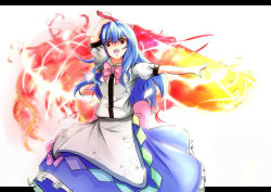 Rule 34 | 1girl, blue hair, bow, female focus, hinanawi tenshi, letterboxed, long skirt, no headwear, open mouth, outstretched arms, puffy sleeves, red eyes, short sleeves, skirt, solo, sword, sword of hisou, taka, taka (taka wo kukuru), touhou, weapon