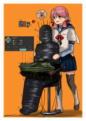 Rule 34 | 1boy, 3girls, admiral (kancolle), akashi (kancolle), armored core, armored core 6, blue sailor collar, blue skirt, blunt tresses, brown thighhighs, check commentary, commentary request, english text, green eyes, hair ribbon, hip vent, kantai collection, layered sleeves, long hair, long sleeves, military vehicle, motor vehicle, multiple girls, mummy, orange background, parody, pink hair, pleated skirt, red ribbon, ribbon, sailor collar, school uniform, serafuku, short over long sleeves, short sleeves, skirt, spoken character, taihou (kancolle), tank, thighhighs, timmyyen, tress ribbon, yuubari (kancolle)