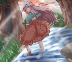 Rule 34 | 1girl, barefoot, breasts, clothes lift, dress, dress lift, expressionless, forest, gero zoukin, hata no kokoro, highres, large breasts, long hair, long sleeves, looking at viewer, mask, mask on head, nature, pink eyes, pink hair, plaid, plaid shirt, river, shirt, solo, touhou