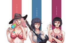 Rule 34 | 3girls, adjusting clothes, adjusting gloves, aged down, arm tattoo, bare arms, bare shoulders, bikini, bikini top only, black gloves, black hair, blue eyes, bob cut, breasts, camisole, character name, charlotte linlin, cigarette, cleavage, closed mouth, collarbone, commentary, cowboy hat, earrings, english commentary, food, gloves, gun, gun on back, hand on own arm, hand up, hands up, hat, heart, heart tattoo, high ponytail, highres, holding, holding cigarette, holding food, jewelry, k164, licking, licking finger, lips, long hair, looking at viewer, multiple girls, one piece, pink hair, popsicle, red eyes, rifle, ring, serious, shakuyaku (one piece), shirt, short hair, sidelocks, signature, sleeveless, sleeveless shirt, smile, stomach, swimsuit, tattoo, tongue, tongue out, tsuru (one piece), upper body, weapon, weapon on back