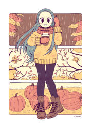 Rule 34 | 1girl, bex ollerton, black eyes, black pantyhose, blush, boots, brown footwear, coffee cup, cup, disposable cup, highres, holding, holding cup, leaf, long hair, long sleeves, mittens, open mouth, original, pantyhose, pumpkin, rain, red mittens, smile, solo, sweater, yellow sweater