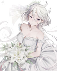 Rule 34 | 1girl, artist name, bare shoulders, bouquet, breasts, bridal veil, closed mouth, dress, earrings, flower, grey eyes, gundam, gundam suisei no majo, hair between eyes, hair flower, hair ornament, highres, holding, holding bouquet, jewelry, long hair, looking at viewer, medium breasts, miorine rembran, off-shoulder dress, off shoulder, r 1 c 0, solo, upper body, veil, wedding dress, white background, white dress, white flower, white hair