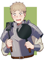 Rule 34 | 1boy, armor, belt, blush, breastplate, brown belt, brown eyes, brown hair, cropped torso, dungeon meshi, frying pan, highres, holding, holding frying pan, holding spatula, laios touden, lenko, looking at object, male focus, open mouth, pauldrons, short hair, shoulder armor, simple background, spatula