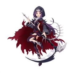 Rule 34 | 1girl, :d, black dress, black legwear, cloak, dress, full body, holding, holding weapon, hood, hooded cloak, leg up, long hair, looking at viewer, open mouth, pleated dress, purple hair, red eyes, scythe, short dress, simple background, skull, smile, solo, standing, sword art online, tail, thighs, very long hair, weapon, white background, yuuki (sao)