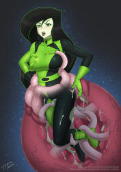Rule 34 | black hair, clothed sex, highres, kim possible (series), long hair, shego, tentacle monster, tentacles, tentacles under clothes, the tentacle professor, tight clothes, torn clothes, vore, x-ray