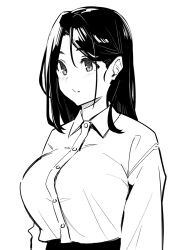 Rule 34 | 1girl, blush, breasts, closed mouth, collared shirt, commentary request, dress shirt, eyebrows hidden by hair, greyscale, highres, kekemotsu, large breasts, long hair, monochrome, original, parted bangs, shirt, simple background, solo, thick eyebrows, upper body, white background