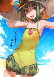 Rule 34 | 1girl, :d, armpits, blue sky, chiki (gir#fe), child, day, fire emblem, green hair, hat, highres, innertube, nintendo, open mouth, pointy ears, sky, smile, solo, sun hat, swim ring, swimsuit, tiki (fire emblem), tiki (young) (fire emblem), toi8, tokyo mirage sessions fe