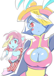 Rule 34 | 10s, 2girls, ahoge, blue skin, blush stickers, bow, breasts, chinese clothes, claws, cleavage, cleavage cutout, clothing cutout, colored skin, crossover, flipped hair, gloves, hair bow, hair ornament, jiangshi, lei lei, long hair, minamoto sakura, multiple girls, ofuda, open mouth, outstretched arms, purple hair, red eyes, red hair, school uniform, short hair, simple background, skirt, trait connection, ueyama michirou, vampire (game), white background, white gloves, zombie, zombie land saga, zombie pose