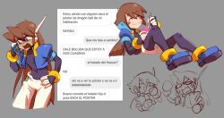 Rule 34 | 1boy, 1girl, aile (mega man zx), black bodysuit, blue jacket, blush stickers, bodysuit, bodysuit under clothes, brown hair, cellphone, check translation, chibi, closed eyes, commentary request, cowboy shot, cropped jacket, eating, food, green eyes, holding, holding phone, holding spoon, ice cream, invisible chair, jacket, jiwochin, long hair, mega man (series), mega man zx, mega man zx advent, open clothes, open jacket, pants, phone, ponytail, robot ears, shorts, simple background, sitting, smartphone, smile, smug, spanish text, spoon, translation request, vent (mega man), white pants, white shorts