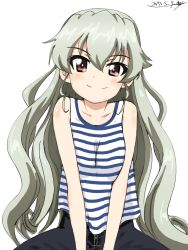 Rule 34 | 10s, 1girl, alternate hairstyle, anchovy (girls und panzer), artist name, black pants, blue shirt, bukkuri, casual, closed mouth, collarbone, dated, girls und panzer, green hair, hair down, highres, long hair, looking at viewer, pants, red eyes, shirt, signature, sitting, sketch, smile, solo, striped clothes, striped shirt, tank top, upper body, v arms