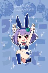 Rule 34 | 1girl, animal ears, armpits, arms up, blue background, blue footwear, blue skirt, blush, boots, breasts, cleavage, clover hair ornament, commentary request, crop top, double v, fake animal ears, four-leaf clover hair ornament, hair ornament, highres, knee boots, leotard, medium breasts, midriff, miniskirt, navel, original, playboy bunny, purple hair, red eyes, short hair, simoyuki, simple background, skirt, smile, solo, sparkle, translation request, v, v-shaped eyebrows