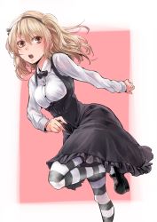 Rule 34 | 10s, 1girl, absurdres, black bow, black bowtie, black footwear, black pantyhose, black ribbon, black skirt, bow, bowtie, brown eyes, casual, collared shirt, commentary request, frilled skirt, frills, girls und panzer, hair ribbon, high-waist skirt, highres, kani aruki (bucket crawl), layered skirt, leg up, light brown hair, long hair, long sleeves, looking at viewer, mary janes, medium skirt, open mouth, outside border, pantyhose, pink background, ribbon, running, shimada arisu, shirt, shoes, side ponytail, skirt, solo, standing, standing on one leg, striped clothes, striped pantyhose, suspender skirt, suspenders, white shirt