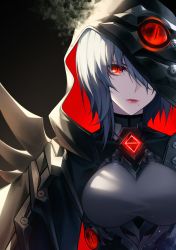 Rule 34 | 1girl, black background, black hoodie, closed mouth, highres, honkai (series), honkai impact 3rd, hood, hood up, hoodie, looking at viewer, mole, mole under mouth, one eye covered, raven (honkai impact), red-d, red eyes, red lips, short hair, silver hair, slit pupils, solo, upper body