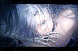 Rule 34 | 1boy, bishounen, blue eyes, bone, colored eyelashes, fins, head fins, i became a god in a horror game, long hair, looking at viewer, male focus, mermaid, monster girl, nude, sign, solo, tavel, very long hair, white hair, zaphylla