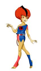 Rule 34 | 1girl, belt, female focus, flat chest, full body, looking at viewer, multicolored hair, red eyes, simple background, solo, thundercats, wilykit