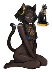 Rule 34 | 1girl, :3, animal ears, artist name, bare arms, bare hips, bare legs, bare shoulders, barefoot, bastet (mythology), black hair, blue eyes, blue hair, blunt bangs, breasts, cat, cat ears, cat girl, cat tail, closed mouth, completely nude, convenient censoring, dark-skinned female, dark skin, earrings, feet, jewelry, kadeart, knees together feet apart, looking afar, medium breasts, multicolored hair, navel, necklace, nude, original, short hair, sidelocks, simple background, single earring, sitting, slit pupils, smile, solo, statue, streaked hair, tail, tail raised, thighs, two-tone hair, very dark skin, wariza, white background