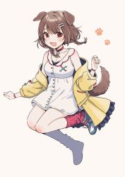 Rule 34 | 1girl, animal ears, artist name, blue footwear, blush, bone hair ornament, braid, breasts, brown hair, cleavage, collar, collarbone, commentary, cross-laced footwear, dog ears, dog girl, dog tail, dress, full body, hair ornament, highres, hololive, inugami korone, inugami korone (1st costume), jacket, jumping, looking at viewer, medium breasts, medium hair, mizutamako, off shoulder, open clothes, open jacket, open mouth, paw print, red collar, red eyes, red socks, shoes, side braids, signature, silhouette, simple background, sleeveless, sleeveless dress, smile, sneakers, socks, solo, tail, twin braids, virtual youtuber, white background, white dress, wristband, yellow jacket