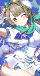 Rule 34 | 1girl, beret, blue necktie, brown eyes, commentary request, fingerless gloves, gloves, green scarf, grey hair, hand on own hip, hat, highres, kazepana, long hair, looking at viewer, love live!, love live! school idol project, minami kotori, necktie, no panties, one eye closed, one side up, scarf, shirt, short sleeves, skirt, smile, solo, upper body, white gloves, white hat, white shirt, white skirt, wonderful rush