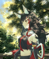 Rule 34 | 1girl, animal ear fluff, animal ears, bell, black hair, black shirt, breasts, brown eyes, choker, closed mouth, crop top, detached sleeves, from side, hair ornament, hairclip, highres, hololive, jingle bell, long hair, long sleeves, looking away, midriff, multicolored hair, navel, necktie, ookami mio, ookami mio (1st costume), outdoors, red choker, red hair, red necktie, retsu (retsu 3), sailor collar, shirt, solo, streaked hair, tree, upper body, virtual youtuber, white sailor collar, wolf ears