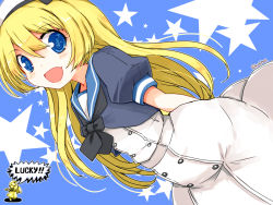 Rule 34 | 1girl, arms behind back, blonde hair, blue background, blue eyes, blue sailor collar, commentary request, cowboy shot, dress, dutch angle, hat, jervis (kancolle), kanoe soushi, kantai collection, long hair, looking at viewer, open mouth, sailor collar, sailor dress, short sleeves, smile, solo, star (symbol), starry background, white dress, white hat