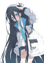 Rule 34 | 1girl, absurdly long hair, aris (blue archive), black headband, blue archive, blue eyes, blue hair, blue necktie, blue skirt, commentary request, elxion, halo, headband, highres, jacket, long hair, looking at viewer, necktie, school uniform, side ponytail, skirt, smile, solo, very long hair, white background, white jacket
