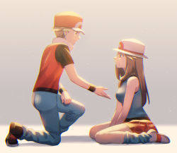 Rule 34 | 1boy, 1girl, blue shirt, brown hair, commentary request, creatures (company), crying, eye contact, from side, game freak, grey background, hat, leaf (pokemon), looking at another, loose socks, nintendo, pants, pleated skirt, pokemon, pokemon frlg, red (pokemon), red headwear, red skirt, scbstella, shirt, shoes, short hair, short sleeves, sitting, skirt, sleeveless, sleeveless jacket, sleeveless shirt, socks, tears, white footwear, white headwear, wristband