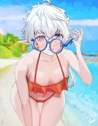 Rule 34 | 1girl, alisaie leveilleur, artist name, beach, bent over, bikini, blue-framed eyewear, blue eyes, breasts, cowboy shot, dated, day, elezen, elf, final fantasy, final fantasy xiv, glasses, long hair, looking at viewer, navel, outdoors, pointy ears, red bikini, round eyewear, shiro kitsune (showtime1122), small breasts, smile, swimsuit, white hair