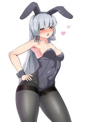 Rule 34 | 1girl, animal ears, armpits, bare shoulders, black leotard, black pantyhose, blunt bangs, blush, breasts, brown eyes, cleavage, commentary request, covered navel, cowboy shot, fake animal ears, hair ribbon, half-closed eyes, hand on own hip, headgear, heart, heart-shaped pupils, highres, jito mesuki nitouhei, kantai collection, leotard, lips, long hair, looking at viewer, medium breasts, murakumo (kancolle), murakumo kai ni (kancolle), open mouth, pantyhose, playboy bunny, rabbit ears, ribbon, round teeth, sidelocks, silver hair, simple background, solo, standing, strapless, strapless leotard, symbol-shaped pupils, teeth, thighband pantyhose, thighs, tress ribbon, very long hair, white background, wide hips, wrist cuffs