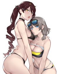 Rule 34 | 2girls, :o, arm around waist, ass, bare arms, bare shoulders, bikini, black hair, blue-tinted eyewear, blue eyes, blush, breasts, brown hair, cleavage, collarbone, drill hair, eyewear on head, highres, horns, large breasts, long hair, looking at viewer, looking to the side, love live!, love live! sunshine!!, low twintails, multi-strapped bikini, multicolored bikini, multicolored clothes, multiple girls, navel, open mouth, parted lips, ponytail, sakurauchi riko, short twintails, sideboob, silver hair, simple background, strap gap, strapless, strapless bikini, sunglasses, sunglasses on head, surfing orange, swimsuit, tinted eyewear, twintails, v-shaped eyebrows, watanabe you, white background, yellow eyes