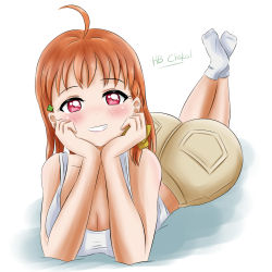 Rule 34 | 1girl, absurdres, artist name, artist request, bare legs, bare shoulders, blush, bow, braid, breasts, brown pants, cleavage, close-up, clover hair ornament, collarbone, female focus, hair bow, hair ornament, hand on own cheek, hand on own face, highres, light brown pants, looking at viewer, love live!, love live! sunshine!!, medium breasts, orange hair, pants, parted lips, red eyes, shirt, short hair, side braid, single braid, smile, socks, solo, takami chika, tank top, teeth, white shirt, white tank top, yellow bow
