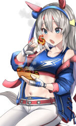 Rule 34 | 1girl, absurdres, animal ears, bare shoulders, belt, blue hairband, blue jacket, blue sports bra, breasts, commentary request, ear covers, fingerless gloves, food, gloves, grey hair, hair between eyes, hair ornament, hairband, hairclip, headband, highres, holding, holding food, horse ears, horse girl, horse tail, jacket, long hair, midriff, navel, open clothes, open jacket, pants, po musubi, red belt, red headband, simple background, small breasts, solo, sports bra, tail, takoyaki, tamamo cross (umamusume), umamusume, very long hair, white background, white gloves, white pants