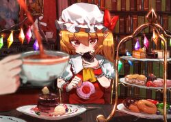 Rule 34 | 1girl, 1other, ascot, blonde hair, blurry, blurry foreground, bookshelf, cake, cowboy shot, crystal wings, cup, doughnut, eating, flandre scarlet, food, ga-chan24, hat, hat ribbon, indoors, mob cap, pointy ears, red ribbon, ribbon, sitting, solo focus, table, tea, teacup, touhou, yellow ascot