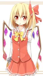 Rule 34 | 1girl, adapted costume, alternate costume, blonde hair, bow, flandre scarlet, food, hair bow, hair ribbon, looking at viewer, mouth hold, one side up, pleated skirt, pocky, red eyes, ribbon, simple background, sketch, skirt, solo, touhou, white background, wings, yuuhagi (amaretto-no-natsu)