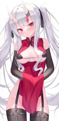 Rule 34 | absurdres, alternate breast size, bare shoulders, black bra, black ribbon, black thighhighs, bra, breasts, breasts out, china dress, chinese clothes, dress, elbow gloves, embarrassed, gloves, groin, hair ribbon, highres, hololive, horns, lifted by self, long hair, looking at viewer, micro bra, mizuongaku, nakiri ayame, no panties, oni, open clothes, red eyes, red hair, ribbon, simple background, skin-covered horns, solo, thighhighs, twintails, underwear, virtual youtuber, white hair