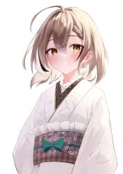 Rule 34 | 1girl, absurdres, ahoge, brown eyes, brown hair, earrings, floral print, grin, hair between eyes, highres, hololive, hololive english, japanese clothes, jewelry, kimono, looking at viewer, minau37, multicolored hair, nanashi mumei, nanashi mumei (new year), obi, official alternate costume, print kimono, ribbon, sash, short hair, simple background, single earring, smile, solo, streaked hair, virtual youtuber, white background, white kimono, wide sleeves