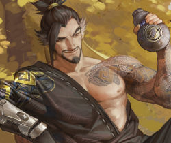 Rule 34 | 1boy, bara, beard, black hair, brown eyes, et.m, facial hair, full body, gloves, gun, handgun, hanzo (overwatch), hat, holding, in tree, long hair, looking at another, male focus, manly, muscular, nipples, outdoors, overwatch, overwatch 1, pectorals, ponytail, sitting, sitting in tree, smile, solo, tattoo, tree, weapon