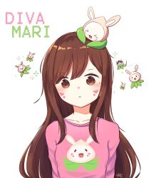 Rule 34 | 1girl, :&lt;, bad id, bad pixiv id, blush, breasts, brown eyes, brown hair, casual, collarbone, d.va (overwatch), facepaint, facial mark, heacho, head tilt, highres, long hair, long sleeves, looking at viewer, object on head, overwatch, overwatch 1, pachimari, pink shirt, print shirt, shirt, simple background, small breasts, solo, stuffed animal, stuffed octopus, stuffed toy, sweatdrop, swept bangs, t-shirt, upper body, whisker markings, white background