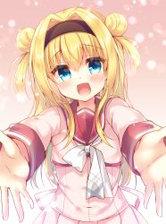 Rule 34 | 1girl, :d, black hairband, blonde hair, blue eyes, blush, chitose sana, commentary request, covered navel, double bun, dress, hair between eyes, hair bun, hair intakes, hairband, highres, long hair, long sleeves, looking at viewer, open mouth, outstretched arms, pleated dress, red sailor collar, sailor collar, school uniform, shirt, smile, solo, suzunone rena, tenshinranman, two side up, very long hair, white dress, white neckwear, white shirt