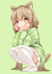 Rule 34 | 1girl, :p, animal ear fluff, animal ears, blush, brown hair, cat ears, cat girl, cat tail, child, commentary, constricted pupils, eyelashes, frilled skirt, frills, full body, green background, green sleeves, green sweater, hair between eyes, hair ornament, hands on own face, highres, long hair, long sleeves, looking at viewer, no shoes, orange eyes, original, scrunchie, shadow, simple background, skirt, solo, sora (silent square), squatting, sweater, tail, thighhighs, thighs, tongue, tongue out, twintails, very long hair, white skirt, white thighhighs
