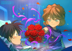 Rule 34 | 1boy, 1girl, absurdres, aqua eyes, arm at side, arm pillow, artist name, black hair, blanket, blue background, blue eyes, blush, bob cut, bouquet, brown hair, child, closed mouth, confetti, edogawa conan, eye contact, flower, glint, haibara ai, heart, highres, indoors, light particles, looking at another, meitantei conan, on bed, open mouth, outstretched arm, purple shirt, shirt, short hair, short sleeves, smile, surprised, suzushi, t-shirt, under covers, upper body