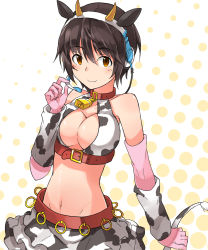 Rule 34 | 10s, 1girl, animal ears, animal print, bell, neck bell, blush, breasts, brown eyes, brown hair, cleavage, collar, cow ears, cow horns, cow print, cowbell, elbow gloves, gloves, headset, hide448, highres, horns, idolmaster, idolmaster cinderella girls, large breasts, navel, oikawa shizuku, short hair, skirt, smile, solo