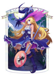 Rule 34 | 1girl, bare shoulders, blonde hair, blue eyes, boots, breasts, cleavage, dress, elbow gloves, female focus, full body, gloves, hat, lascalis, long hair, nature, original, plant, sign, sky, smile, solo, very long hair, witch, witch hat