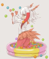 Rule 34 | 10s, 1girl, aged down, ball, ball pit, bird tail, bird wings, gloves, head wings, highres, japanese crested ibis (kemono friends), kemono friends, kemono friends pavilion, kneeling, kolshica, long sleeves, multicolored hair, pantyhose, playing, pleated skirt, reaching, reaching towards viewer, short hair with long locks, skirt, tail, wings