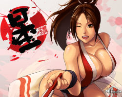 Rule 34 | 10s, 1girl, 2012, :d, artist request, blush, breasts, brown eyes, brown hair, cleavage, collarbone, covered erect nipples, dickzanzero, fatal fury, fingernails, folding fan, hair ornament, hand fan, hip focus, large breasts, lips, long hair, nail, ninja, no bra, one eye closed, open mouth, ponytail, puffy nipples, sash, shiranui mai, smile, snk, solo, teeth, the king of fighters, thick thighs, thighs, wide hips, wink, wristband