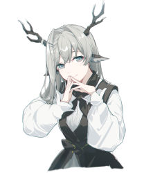 Rule 34 | 1girl, absurdres, alina (arknights), animal ears, antlers, arknights, black dress, black sash, chinese commentary, cropped torso, deer antlers, deer ears, deer girl, dress, grey eyes, grey hair, hair intakes, hair ornament, hairclip, hand to own mouth, highres, horns, long hair, looking at viewer, own hands together, sash, shirt, simple background, smile, solo, upper body, white background, white shirt, white sleeves, yumuto (spring1786)
