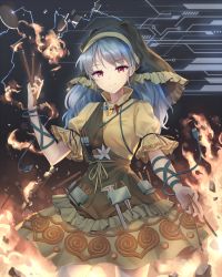 Rule 34 | 1girl, apron, blue hair, cable, chisel, commentary, cowboy shot, dress, fire, fire, flower, frills, grey background, hand up, haniyasushin keiki, head scarf, holding, jewelry, long hair, looking at viewer, magatama, magatama necklace, minust, necklace, red eyes, smile, solo, touhou, usb, white flower, yellow apron, yellow dress