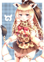 Rule 34 | 10s, 1girl, :d, absurdres, animal ears, animal print, belt, black eyes, blonde hair, bow, bowtie, brown hair, brown skirt, commentary, cowboy shot, drill hair, giraffe ears, giraffe horns, giraffe print, giraffe tail, highres, horns, japari symbol, kanzakietc, kemono friends, long hair, long sleeves, looking at viewer, multicolored hair, open mouth, pink bow, pink bowtie, pleated skirt, print scarf, print shirt, print thighhighs, rothschild&#039;s giraffe (kemono friends), scarf, shirt, skirt, smile, solo, tail, thighhighs, twin drills, two-tone hair, zettai ryouiki